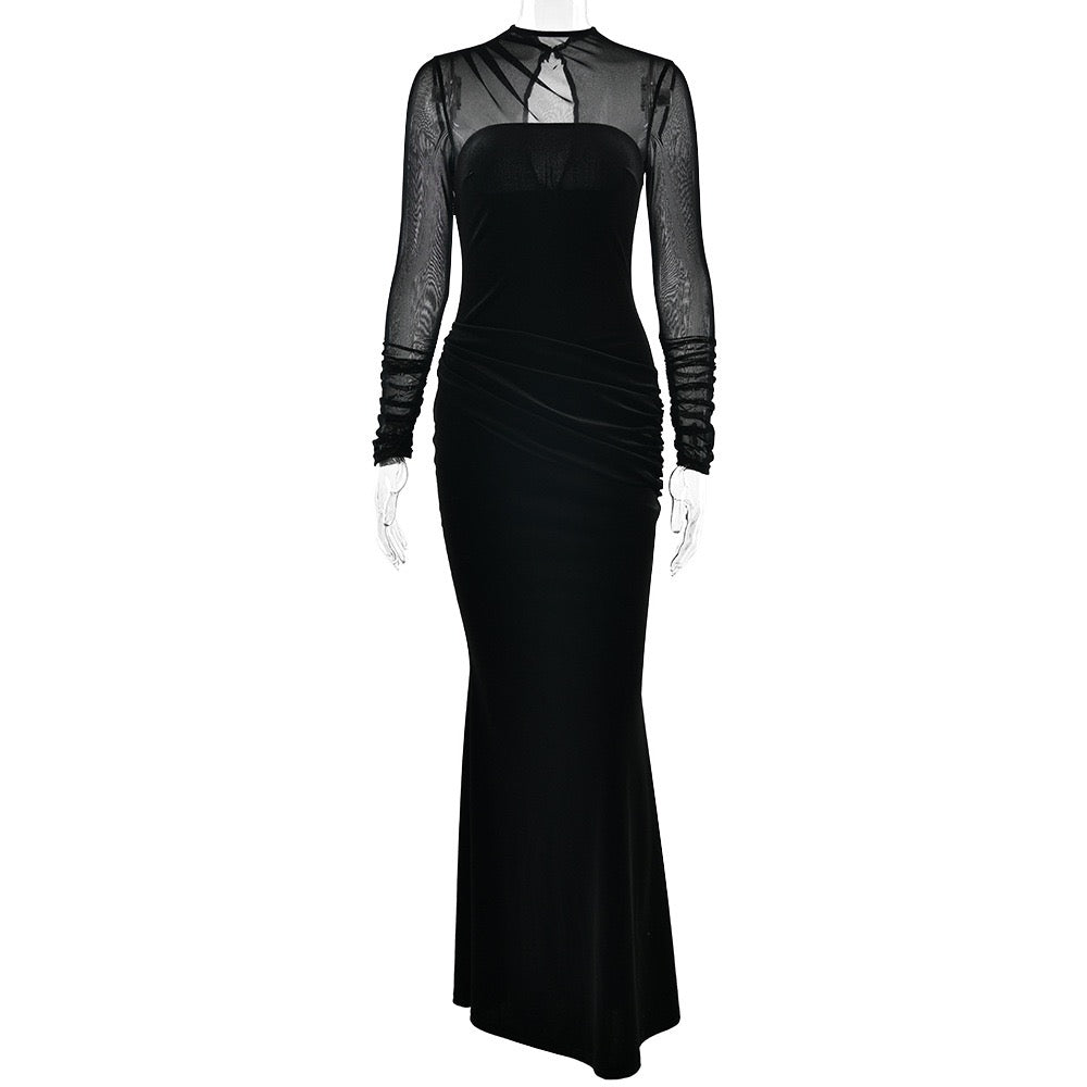 Elegant velvet maxi dress with pleated and chiffon design - Michelle
