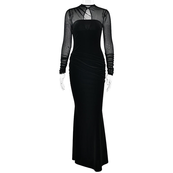 Elegant velvet maxi dress with pleated and chiffon design - Michelle