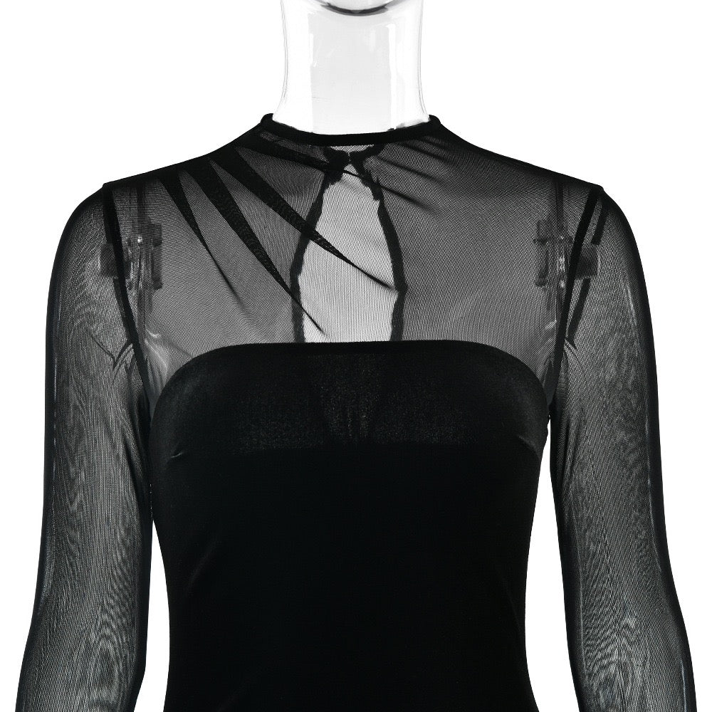 Elegant velvet maxi dress with pleated and chiffon design - Michelle