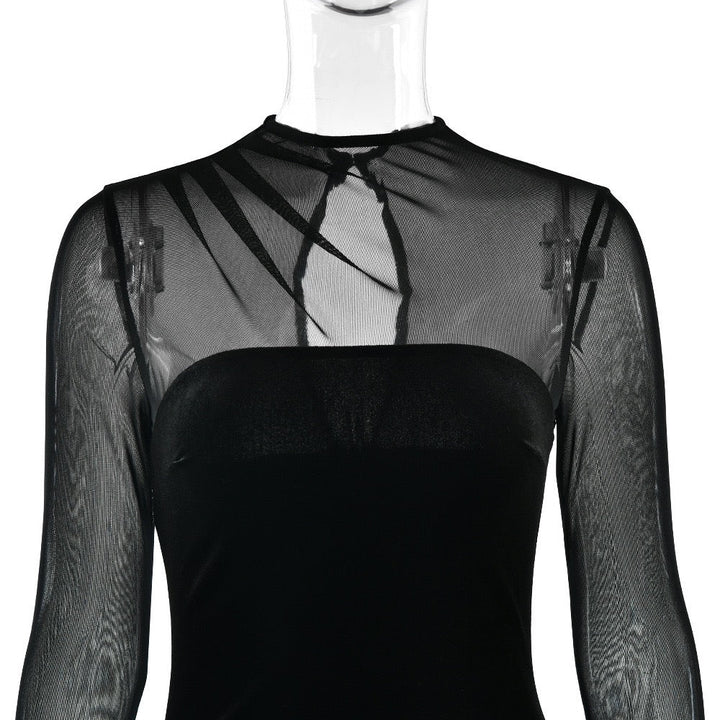 Elegant velvet maxi dress with pleated and chiffon design - Michelle