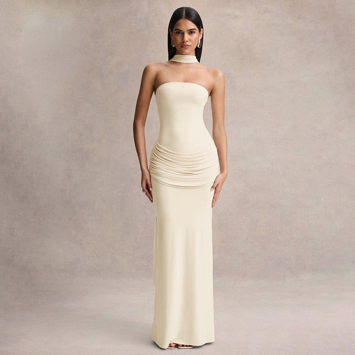Elegant strapless maxi dress with pleated design and collar scarf - Katya