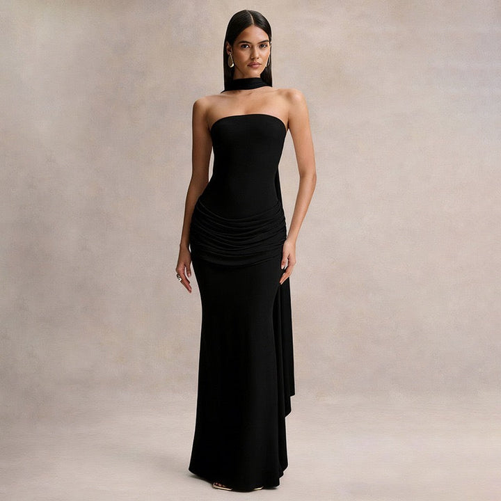 Elegant strapless maxi dress with pleated design and collar scarf - Katya