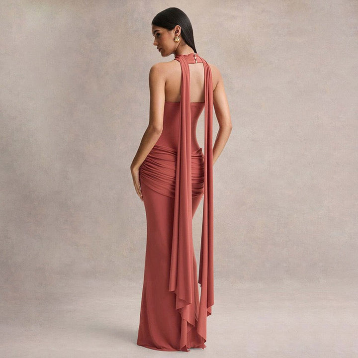 Elegant strapless maxi dress with pleated design and collar scarf - Katya