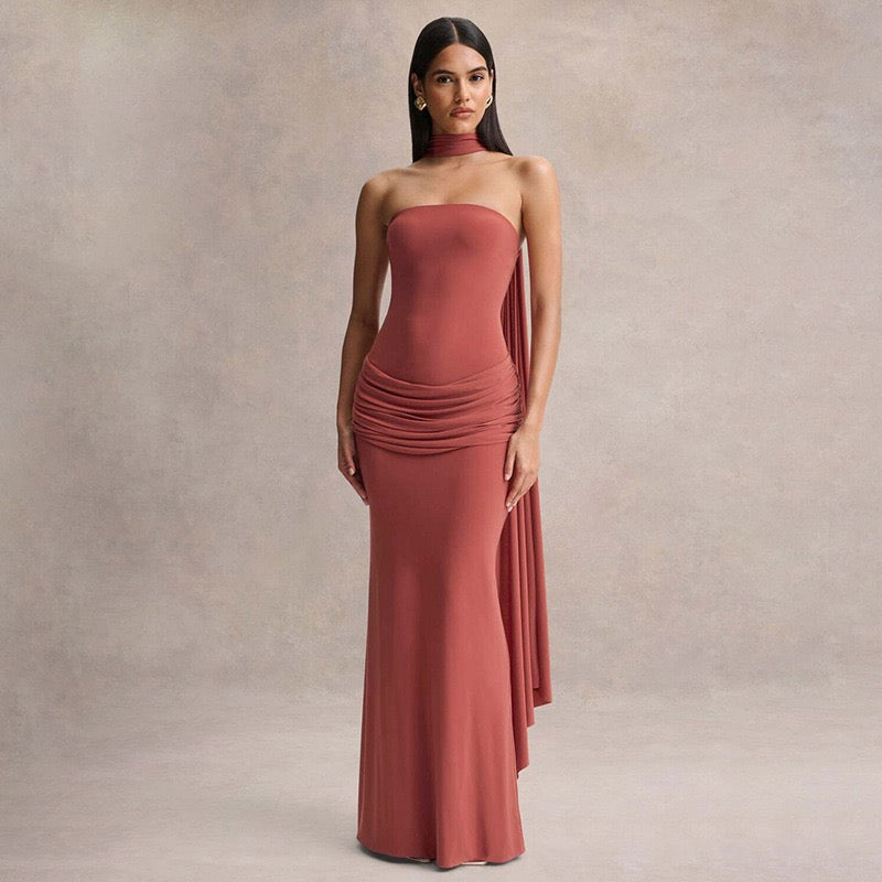 Elegant strapless maxi dress with pleated design and collar scarf - Katya