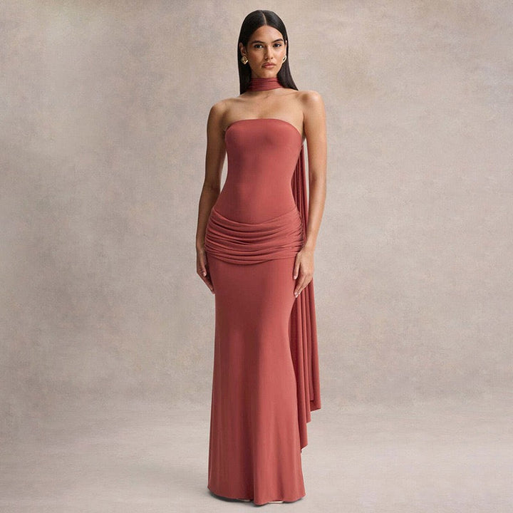 Elegant strapless maxi dress with pleated design and collar scarf - Katya