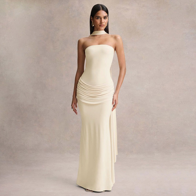 Elegant strapless maxi dress with pleated design and collar scarf - Katya