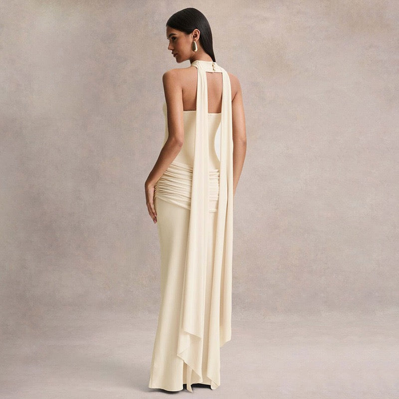Elegant strapless maxi dress with pleated design and collar scarf - Katya