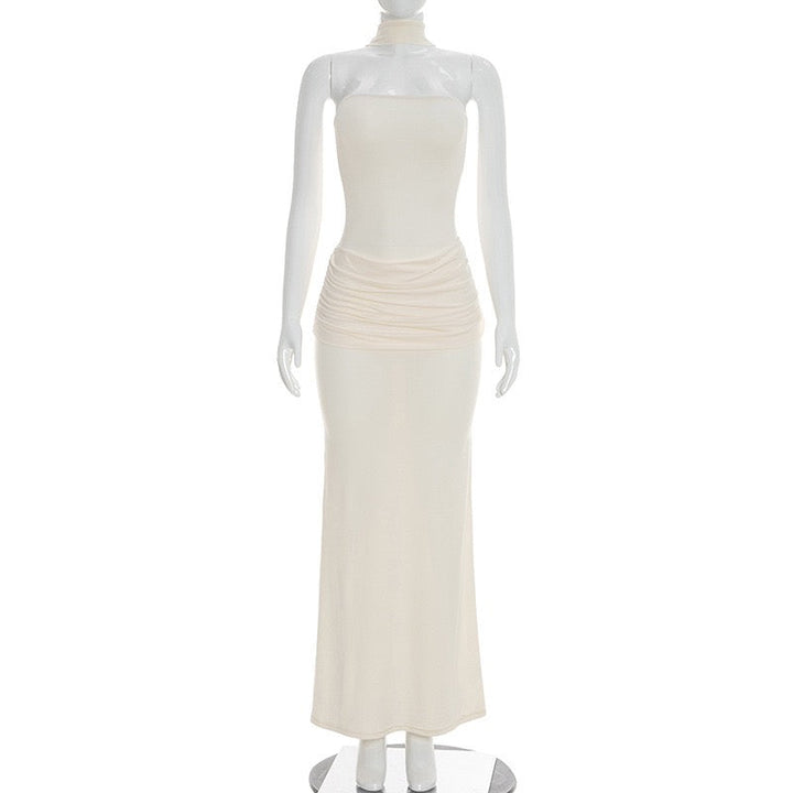 Elegant strapless maxi dress with pleated design and collar scarf - Katya