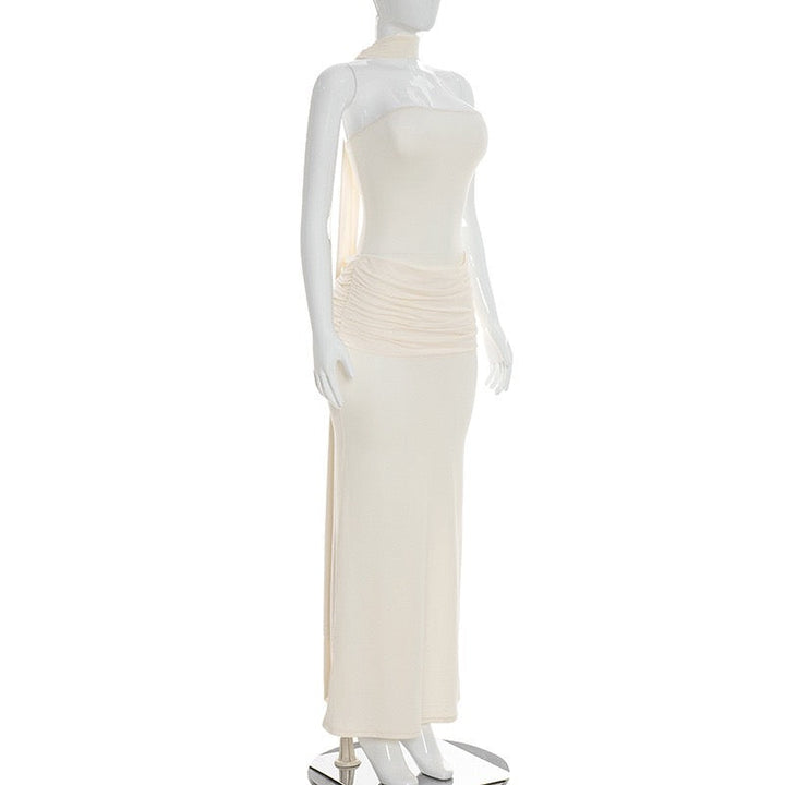 Elegant strapless maxi dress with pleated design and collar scarf - Katya