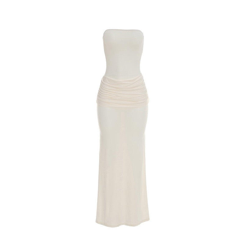 Elegant strapless maxi dress with pleated design and collar scarf - Katya