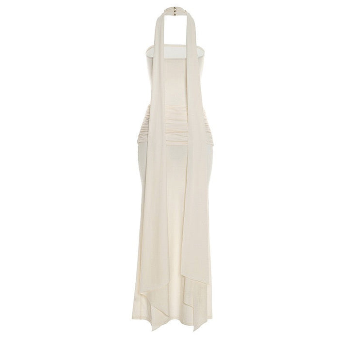 Elegant strapless maxi dress with pleated design and collar scarf - Katya