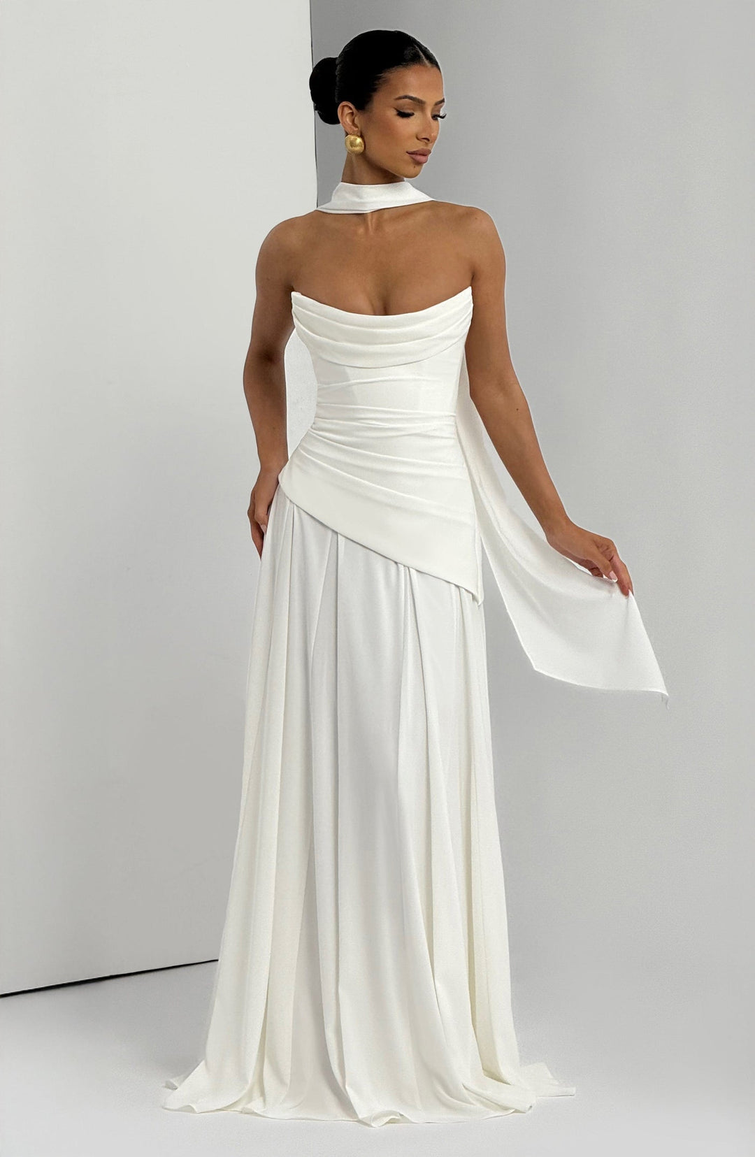 Strapless maxi dress with back ties for a fitted waist, chiffon skirt, and matching scarf