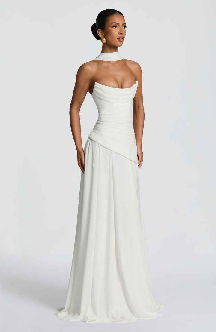 Strapless maxi dress with back ties for a fitted waist, chiffon skirt, and matching scarf