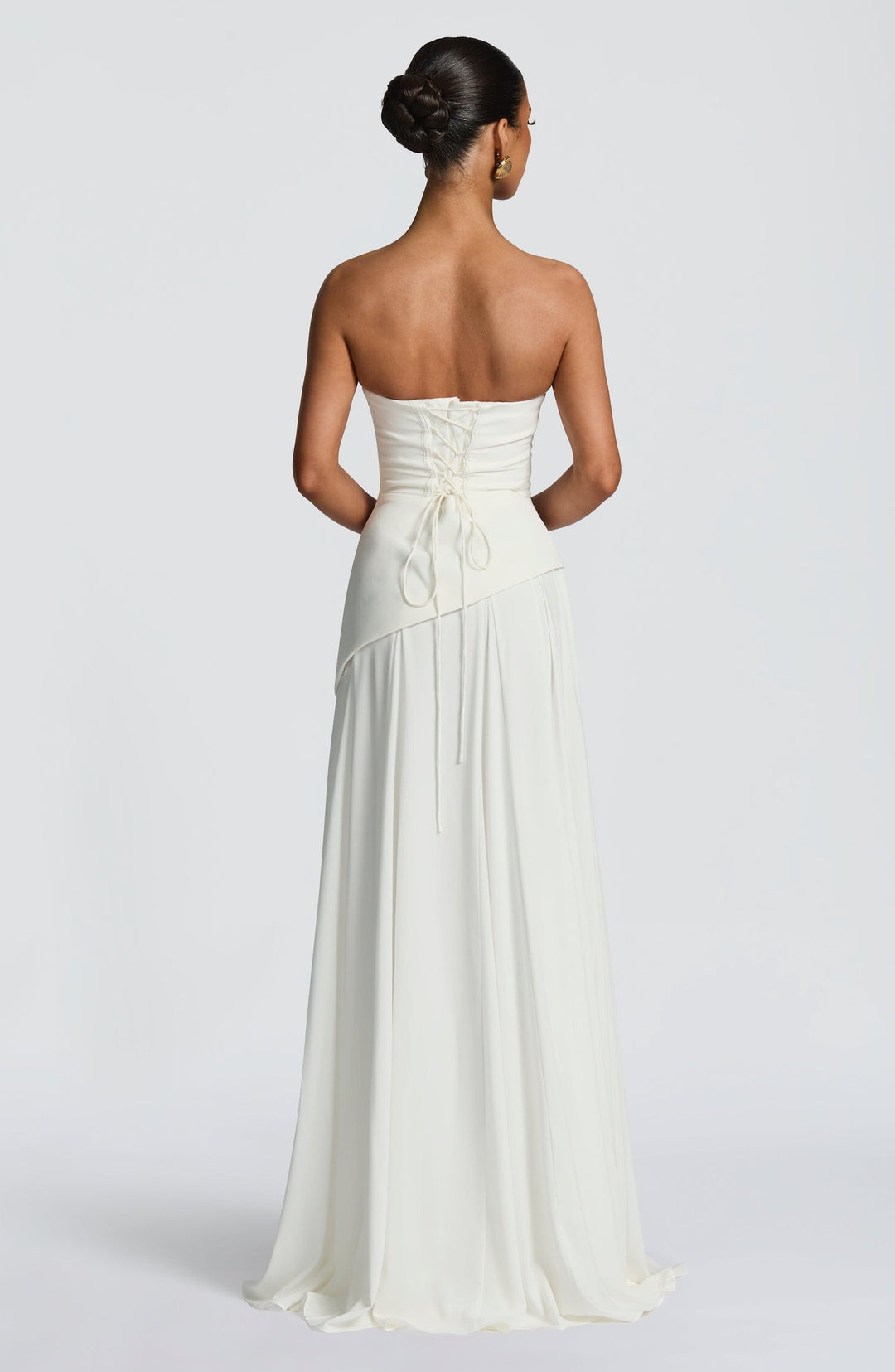 Strapless maxi dress with back ties for a fitted waist, chiffon skirt, and matching scarf
