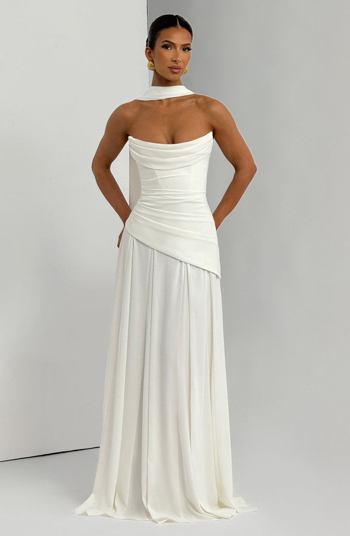 Strapless maxi dress with back ties for a fitted waist, chiffon skirt, and matching scarf