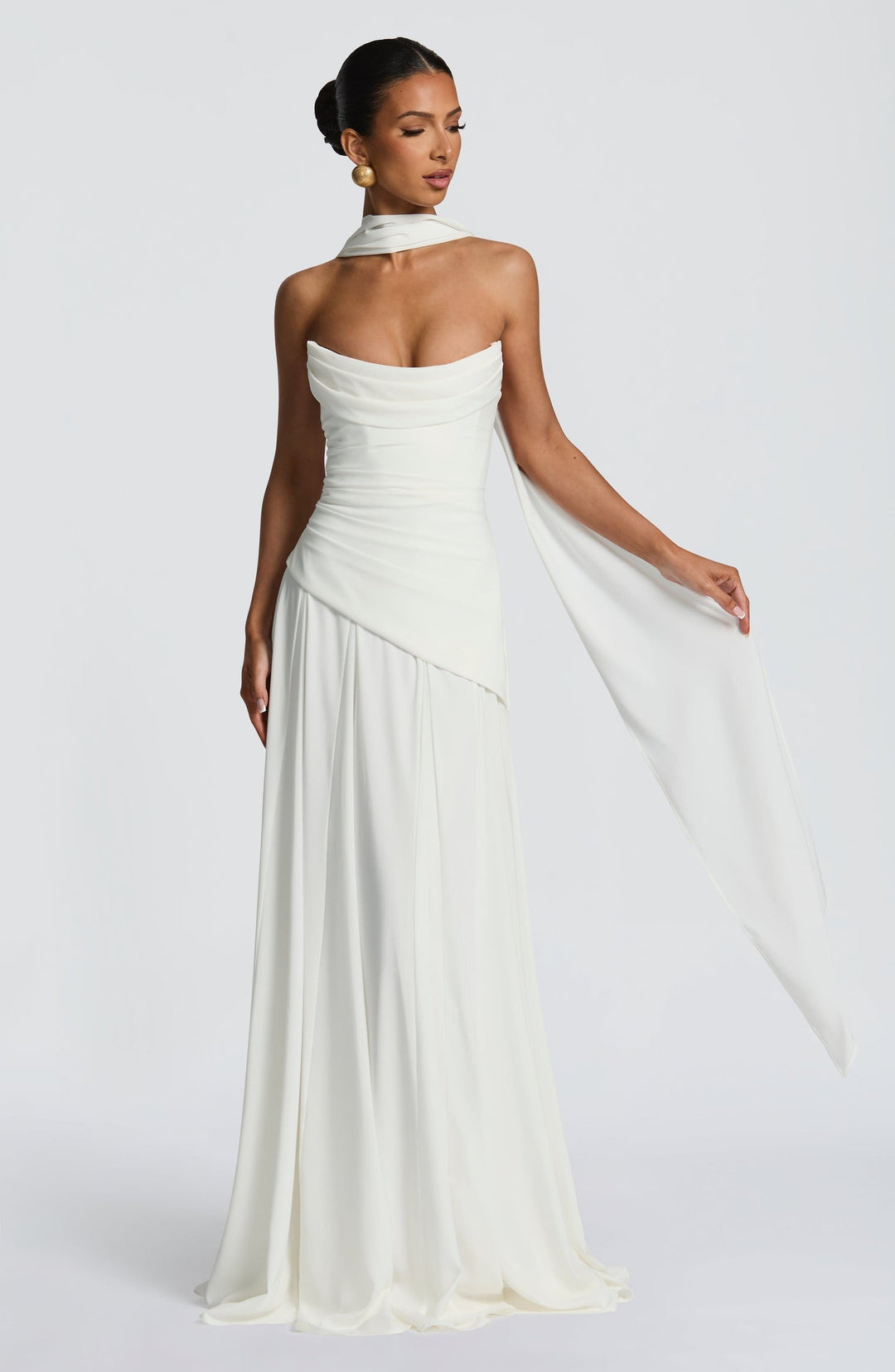 Strapless maxi dress with back ties for a fitted waist, chiffon skirt, and matching scarf