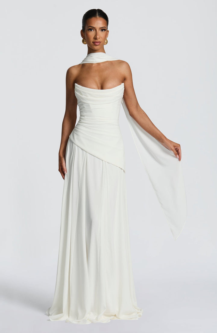 Strapless maxi dress with back ties for a fitted waist, chiffon skirt, and matching scarf