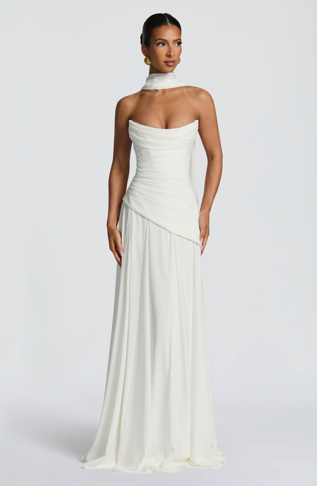 Strapless maxi dress with back ties for a fitted waist, chiffon skirt, and matching scarf