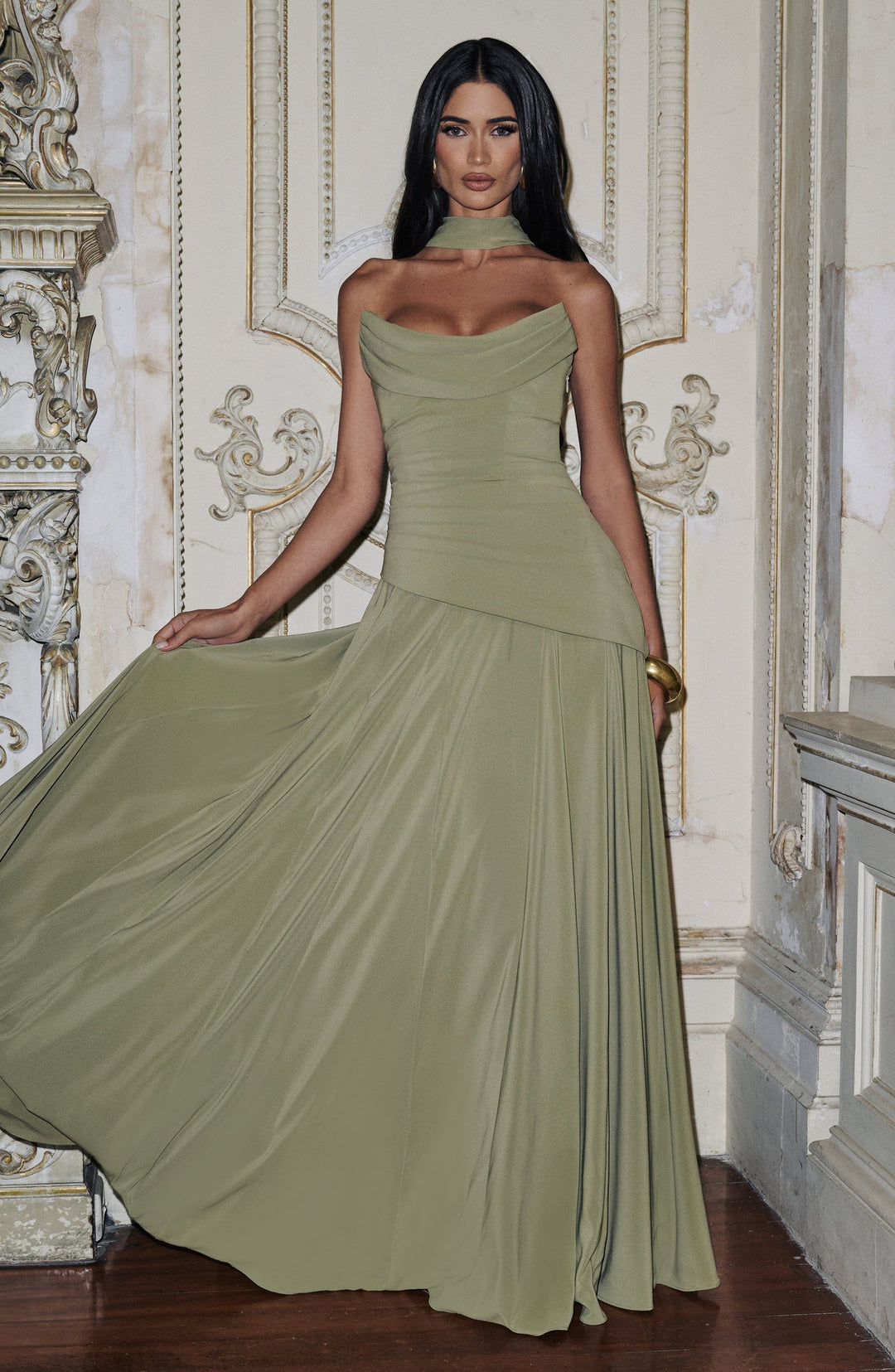 Strapless maxi dress with back ties for a fitted waist, chiffon skirt, and matching scarf
