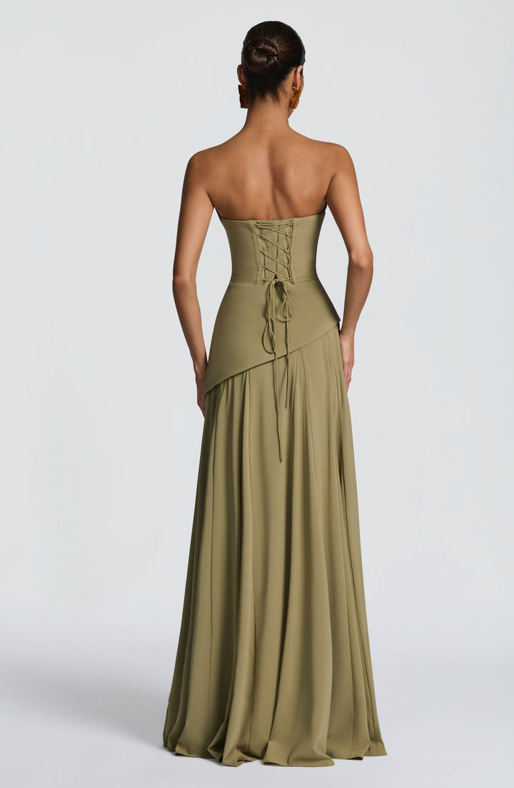 Strapless maxi dress with back ties for a fitted waist, chiffon skirt, and matching scarf