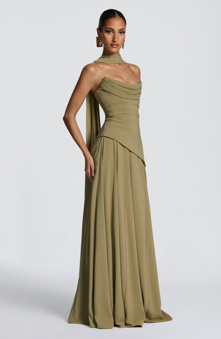 Strapless maxi dress with back ties for a fitted waist, chiffon skirt, and matching scarf