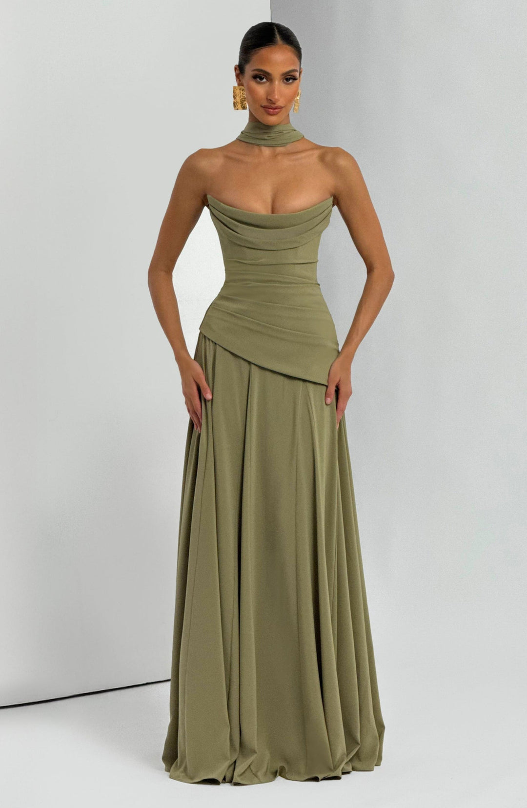 Strapless maxi dress with back ties for a fitted waist, chiffon skirt, and matching scarf