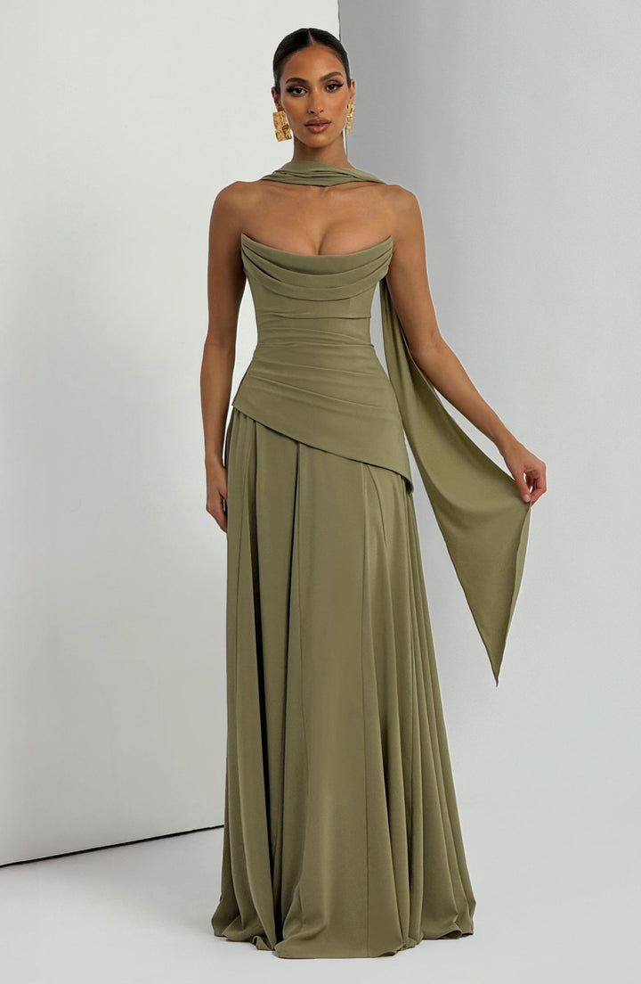 Strapless maxi dress with back ties for a fitted waist, chiffon skirt, and matching scarf