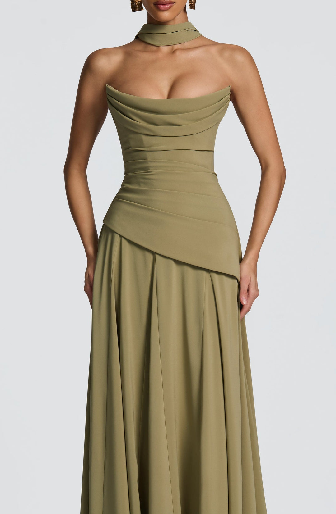 Strapless maxi dress with back ties for a fitted waist, chiffon skirt, and matching scarf