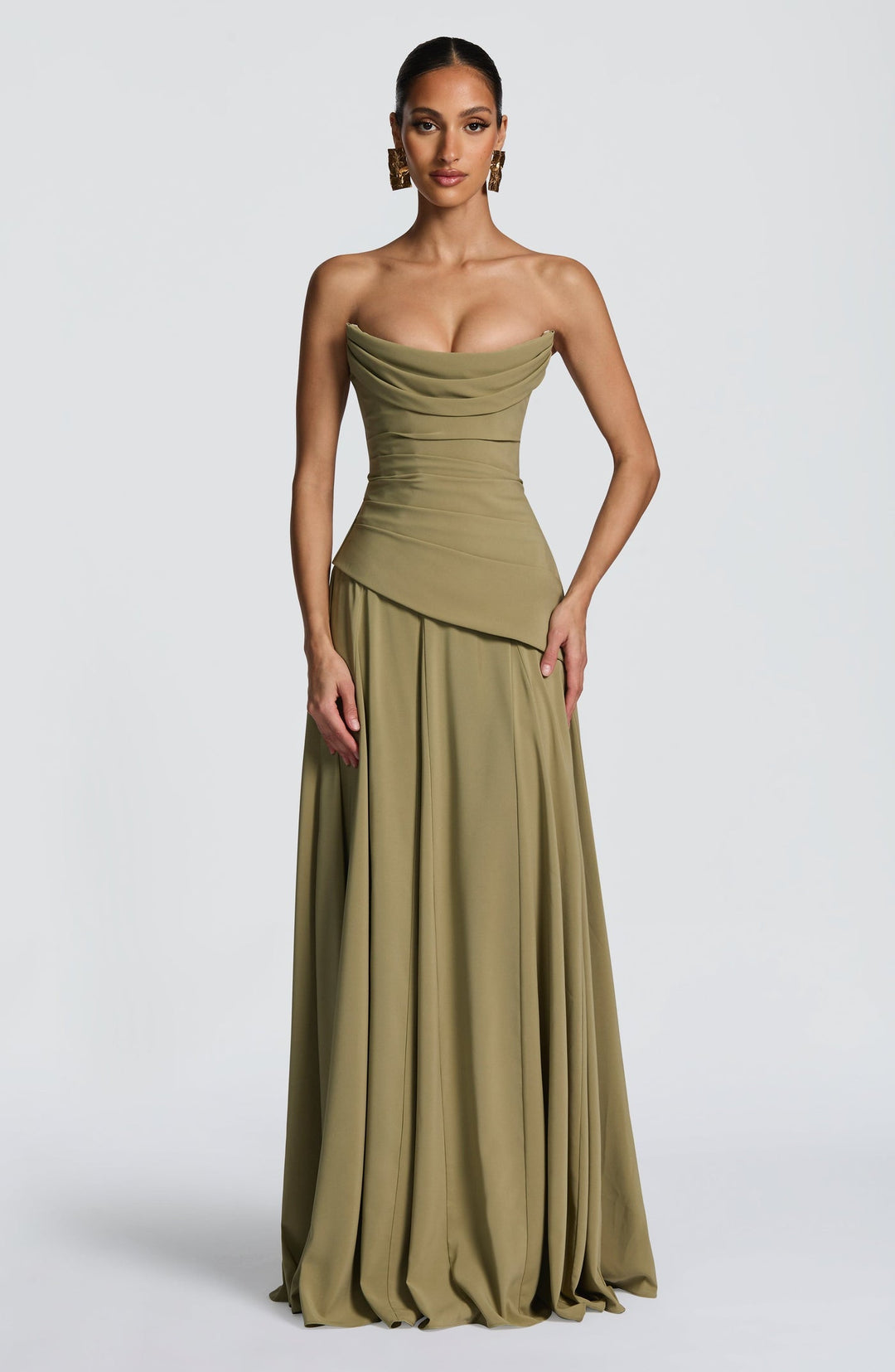Strapless maxi dress with back ties for a fitted waist, chiffon skirt, and matching scarf