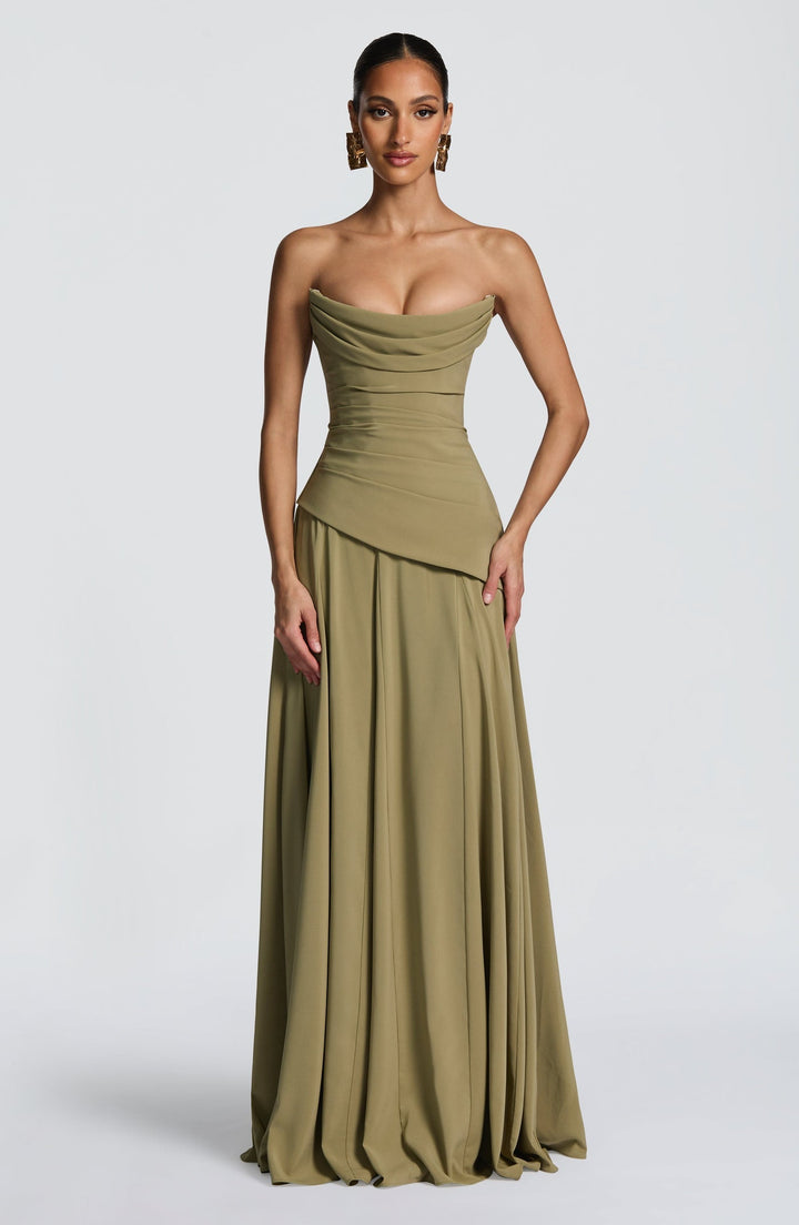 Strapless maxi dress with back ties for a fitted waist, chiffon skirt, and matching scarf