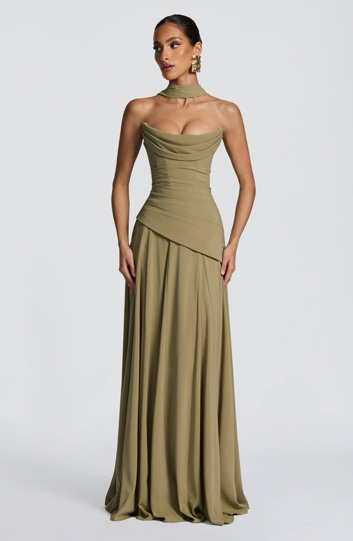 Strapless maxi dress with back ties for a fitted waist, chiffon skirt, and matching scarf