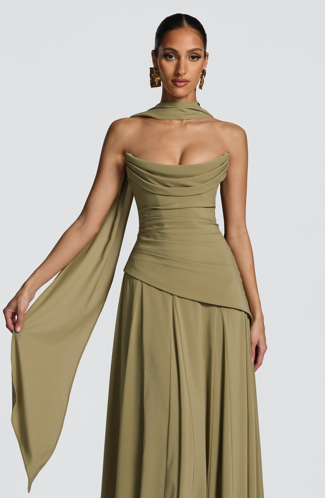 Strapless maxi dress with back ties for a fitted waist, chiffon skirt, and matching scarf
