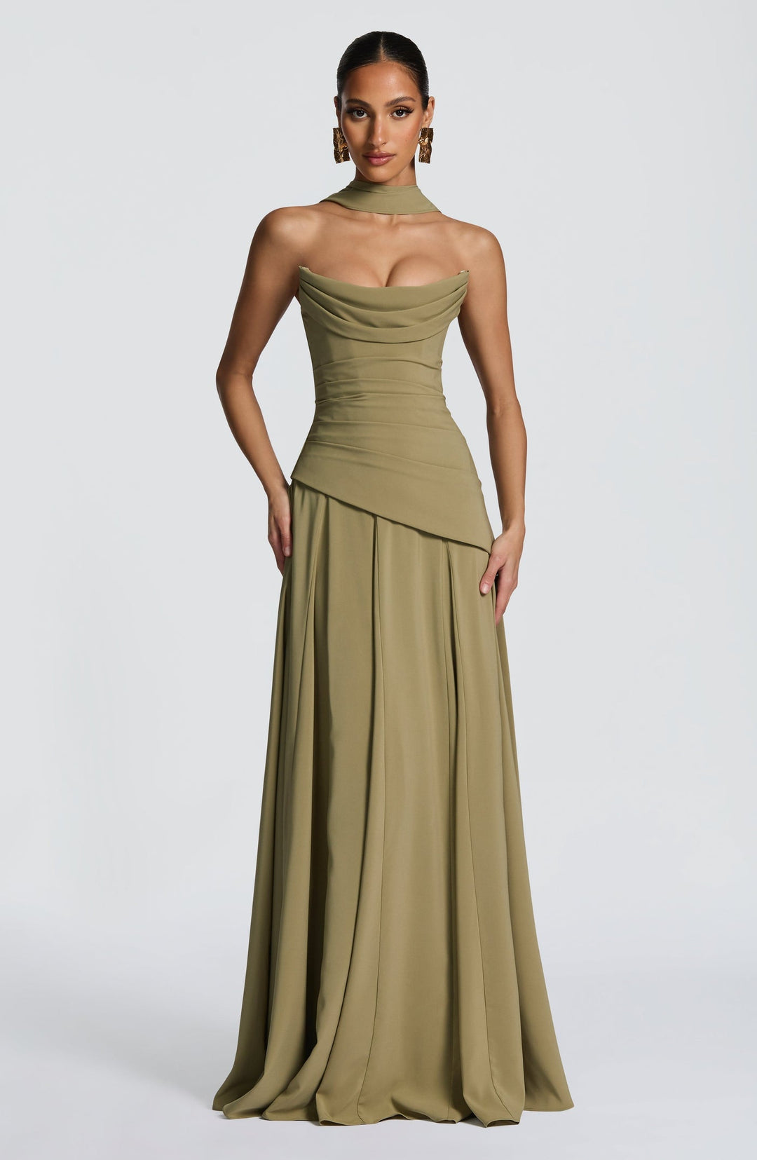 Strapless maxi dress with back ties for a fitted waist, chiffon skirt, and matching scarf