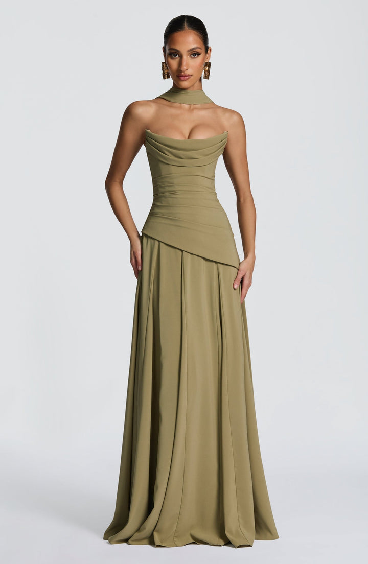 Strapless maxi dress with back ties for a fitted waist, chiffon skirt, and matching scarf