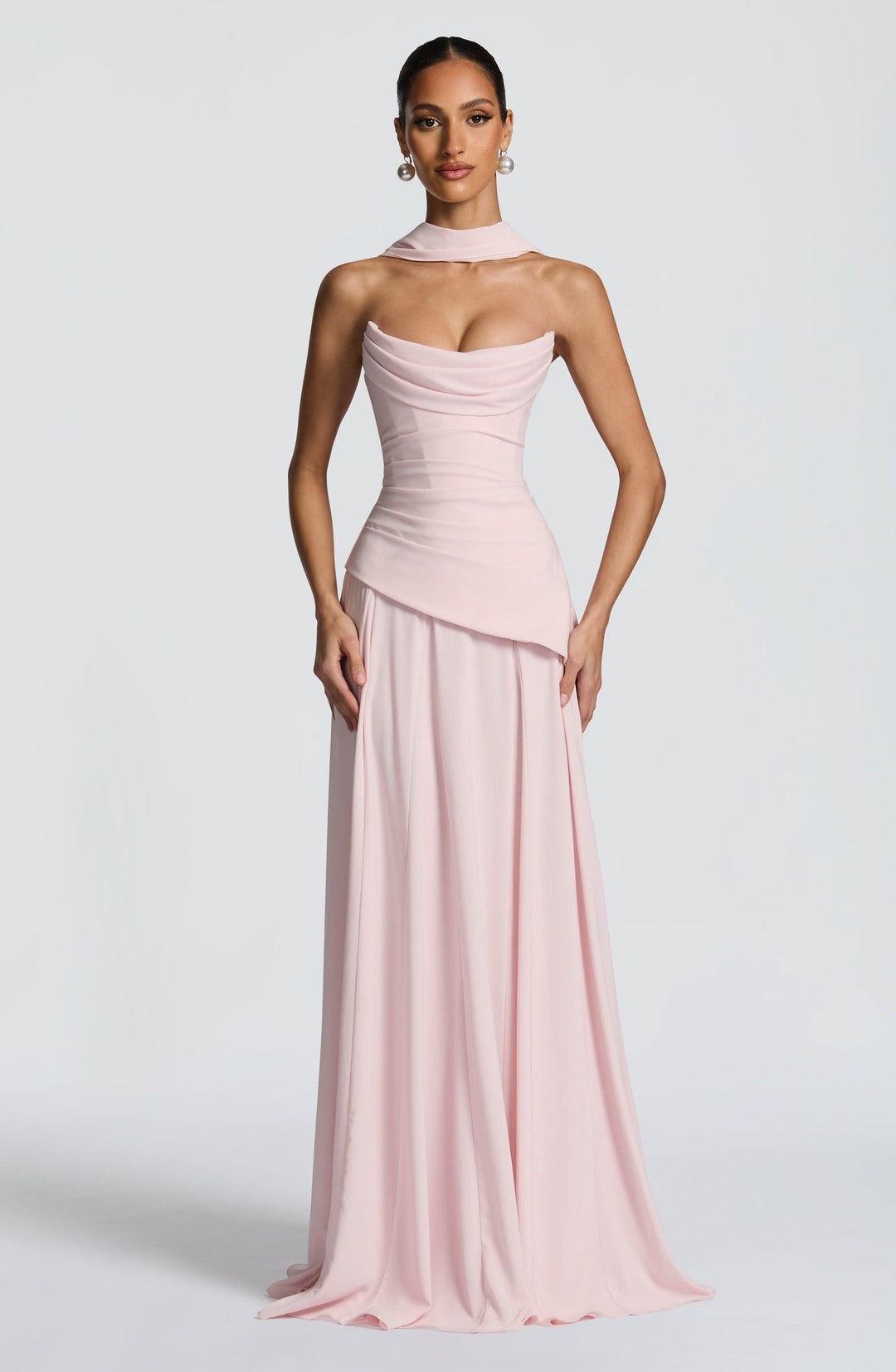 Strapless maxi dress with back ties for a fitted waist, chiffon skirt, and matching scarf