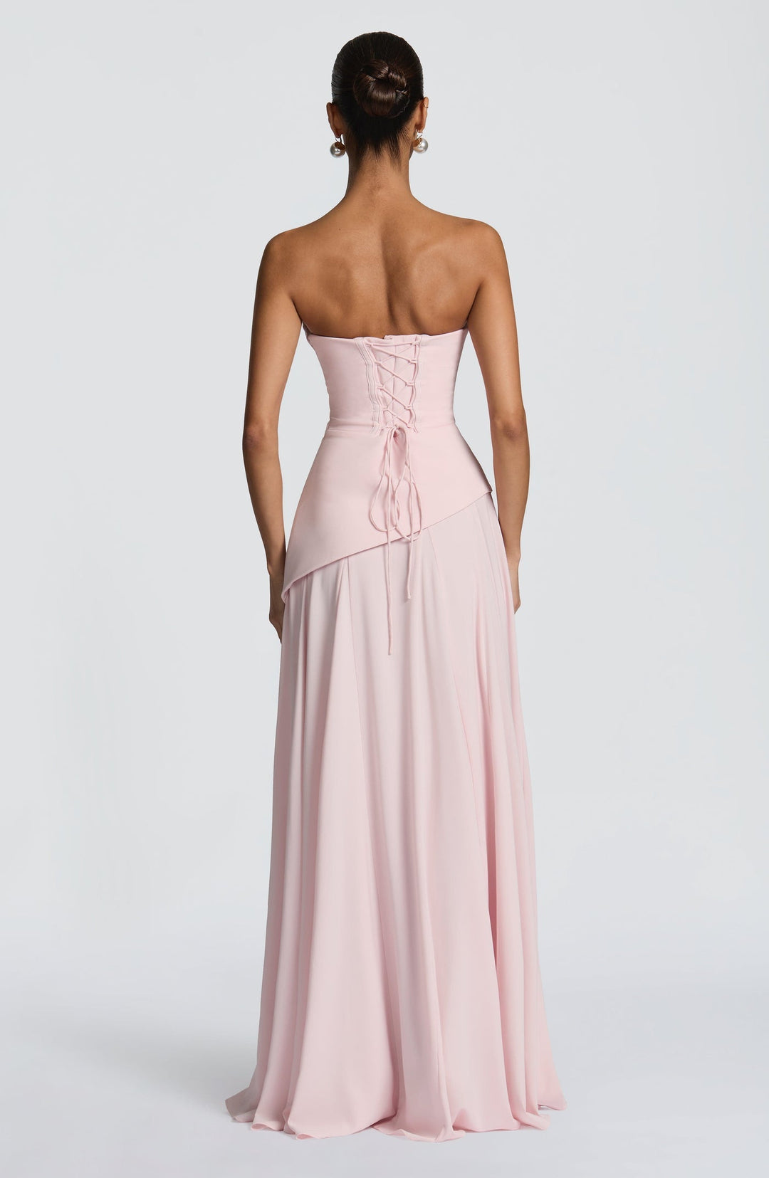 Strapless maxi dress with back ties for a fitted waist, chiffon skirt, and matching scarf