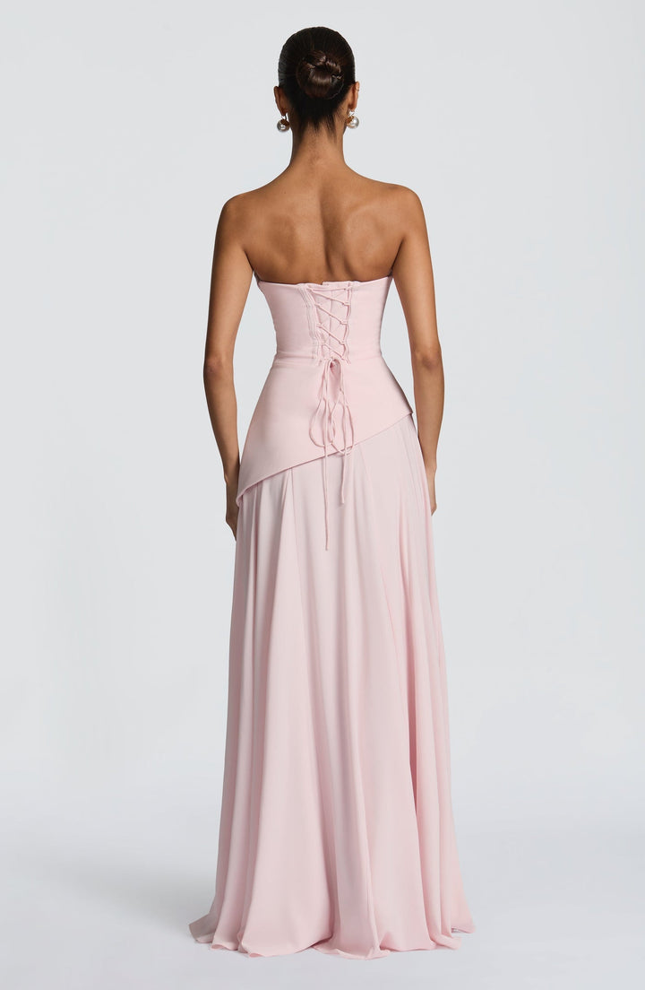 Strapless maxi dress with back ties for a fitted waist, chiffon skirt, and matching scarf