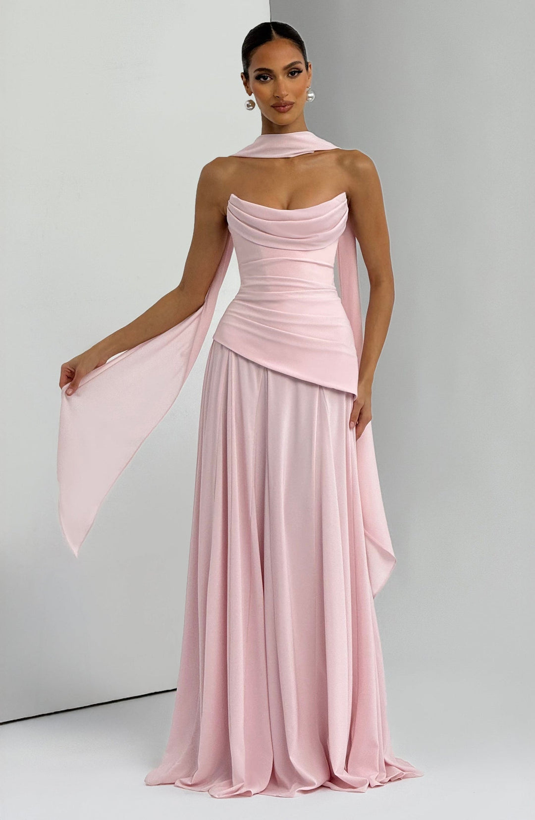 Strapless maxi dress with back ties for a fitted waist, chiffon skirt, and matching scarf