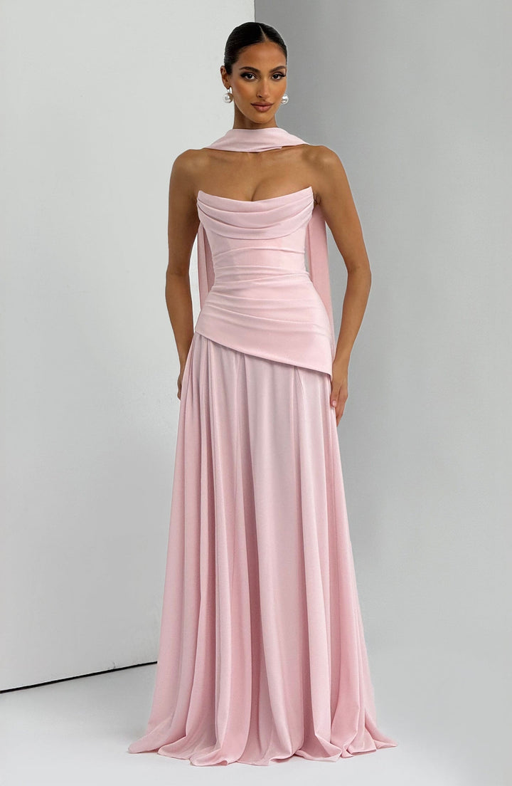 Strapless maxi dress with back ties for a fitted waist, chiffon skirt, and matching scarf
