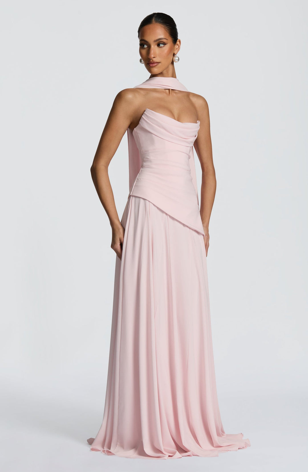 Strapless maxi dress with back ties for a fitted waist, chiffon skirt, and matching scarf