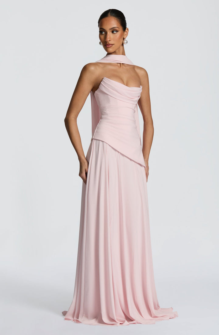 Strapless maxi dress with back ties for a fitted waist, chiffon skirt, and matching scarf
