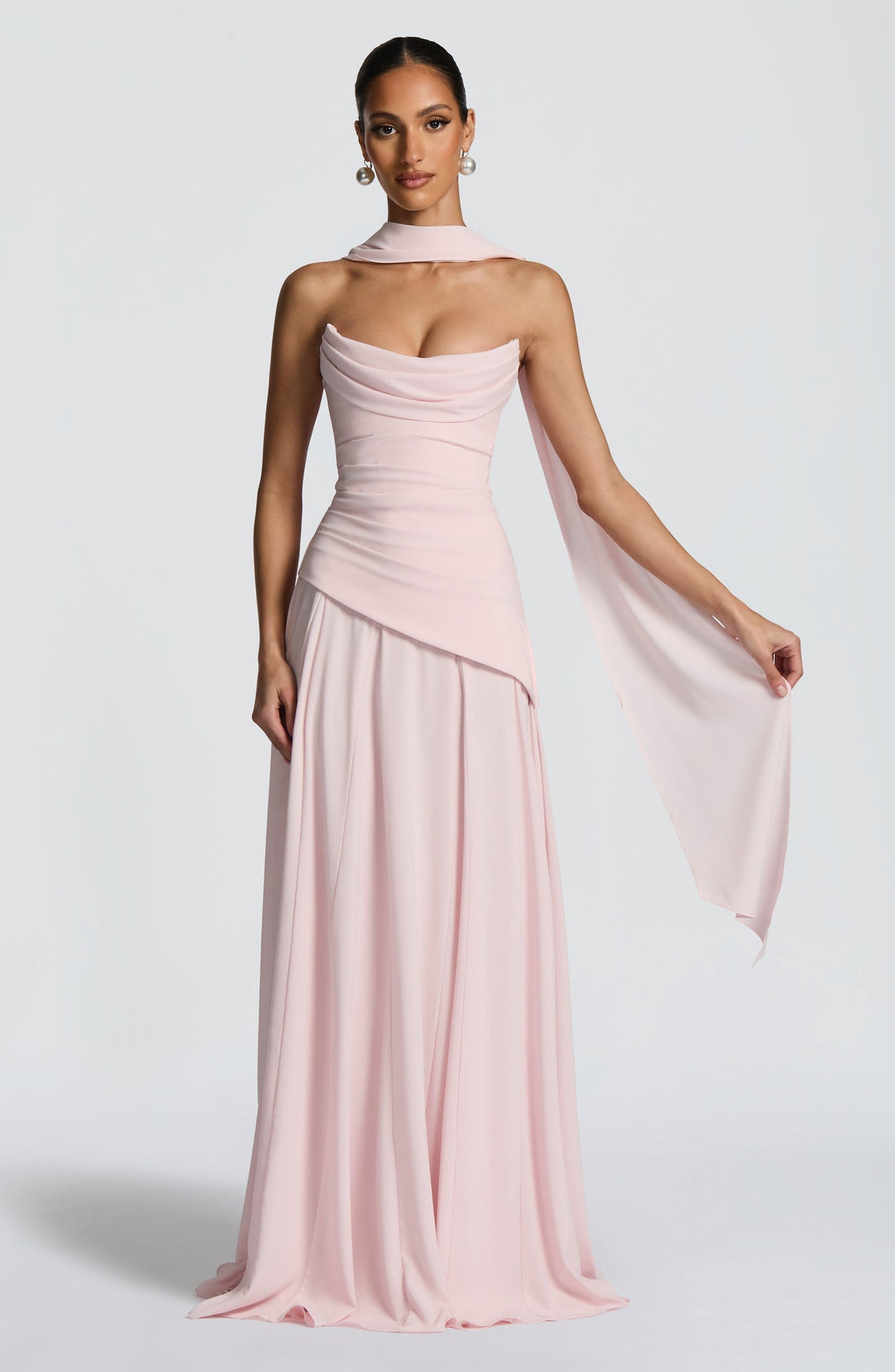 Strapless maxi dress with back ties for a fitted waist, chiffon skirt, and matching scarf