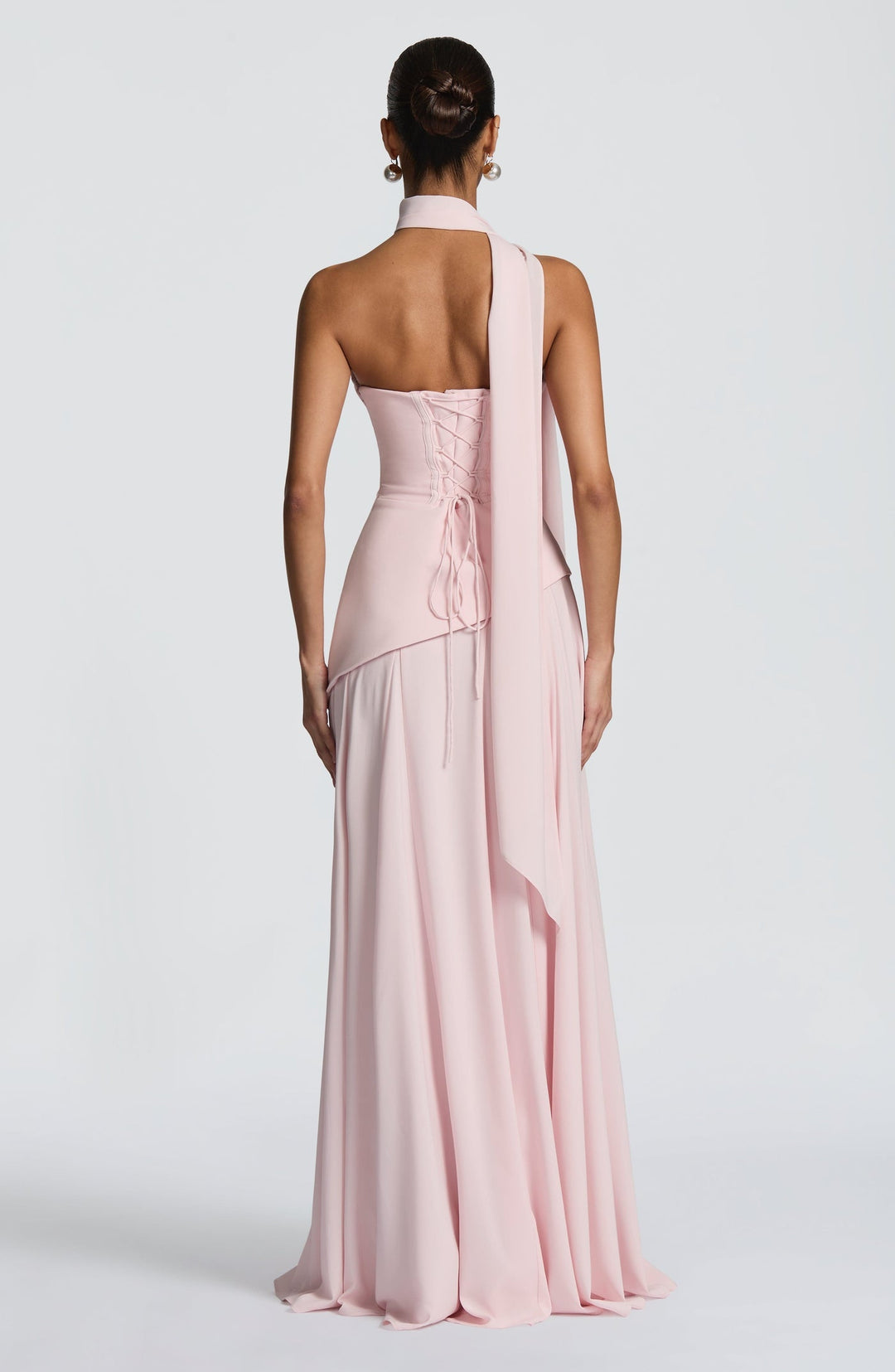 Strapless maxi dress with back ties for a fitted waist, chiffon skirt, and matching scarf