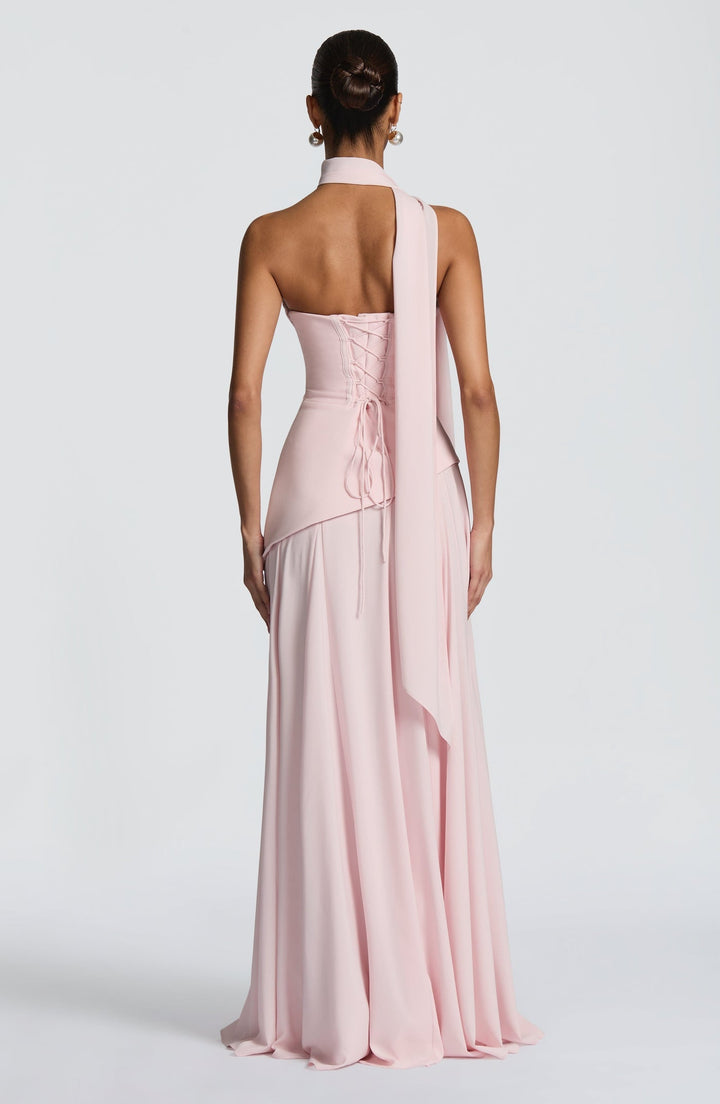 Strapless maxi dress with back ties for a fitted waist, chiffon skirt, and matching scarf