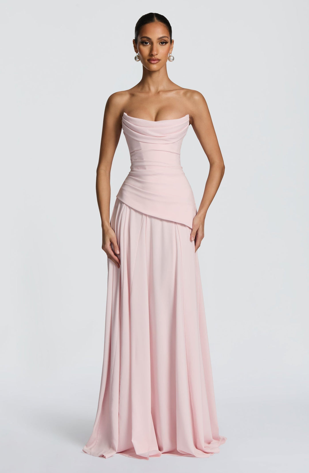 Strapless maxi dress with back ties for a fitted waist, chiffon skirt, and matching scarf