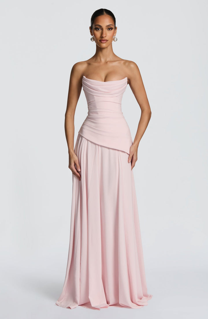 Strapless maxi dress with back ties for a fitted waist, chiffon skirt, and matching scarf