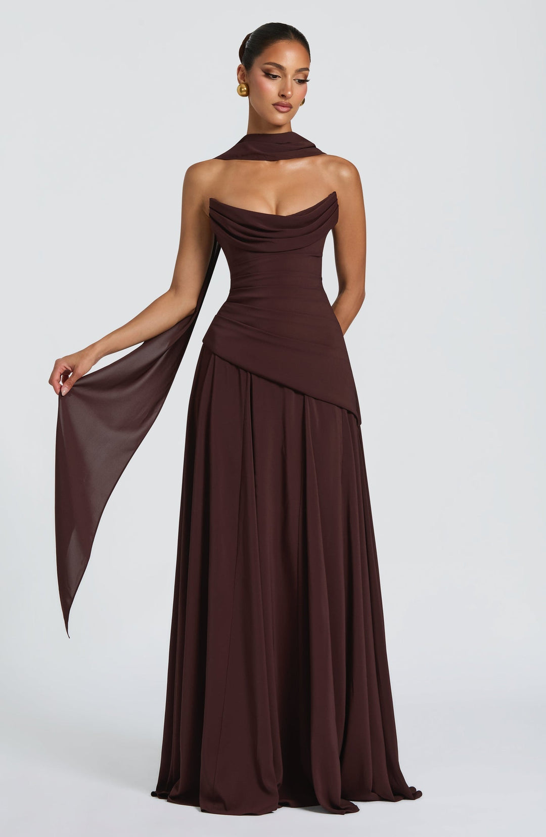 Strapless maxi dress with back ties for a fitted waist, chiffon skirt, and matching scarf