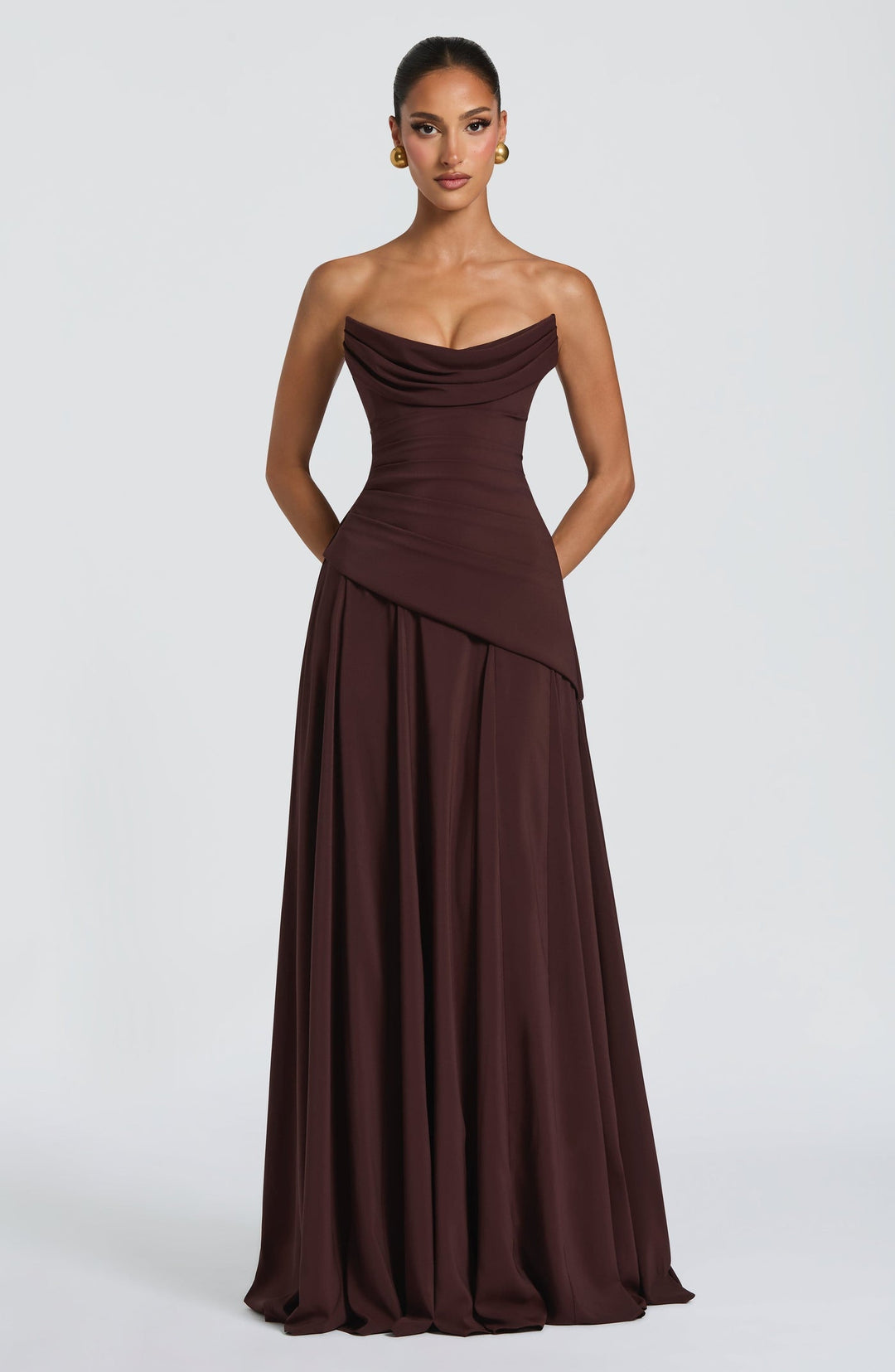 Strapless maxi dress with back ties for a fitted waist, chiffon skirt, and matching scarf