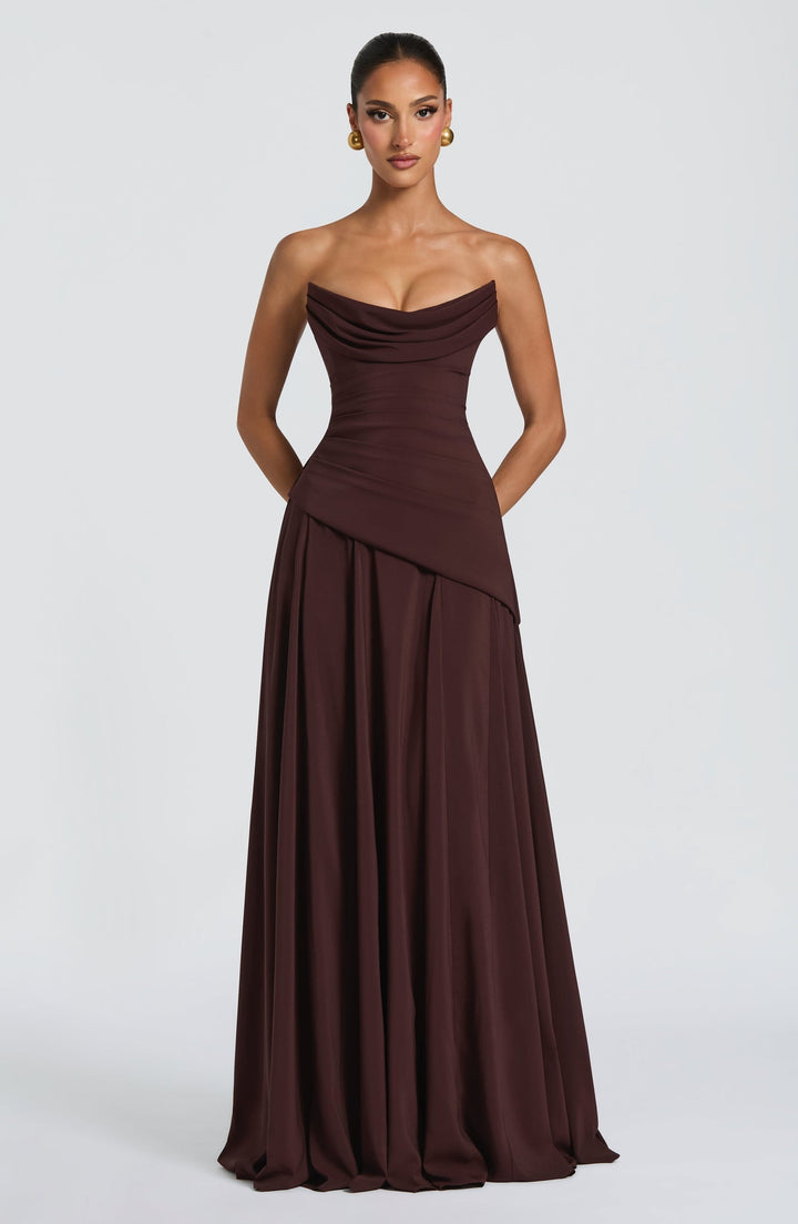 Strapless maxi dress with back ties for a fitted waist, chiffon skirt, and matching scarf
