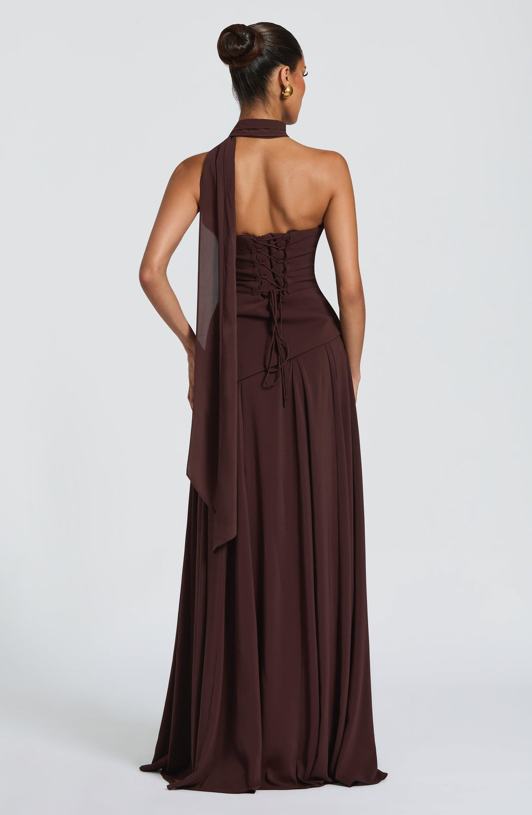 Strapless maxi dress with back ties for a fitted waist, chiffon skirt, and matching scarf